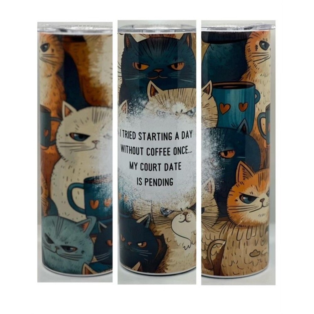 NEW Cats-Court Date 20 oz. Stainless Steel Tumbler w/Straw Set & Silicone Tip